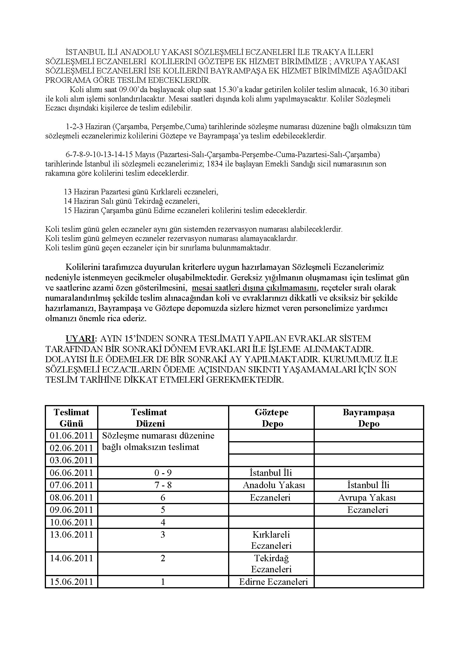 haziran ayı koli teslimat programı